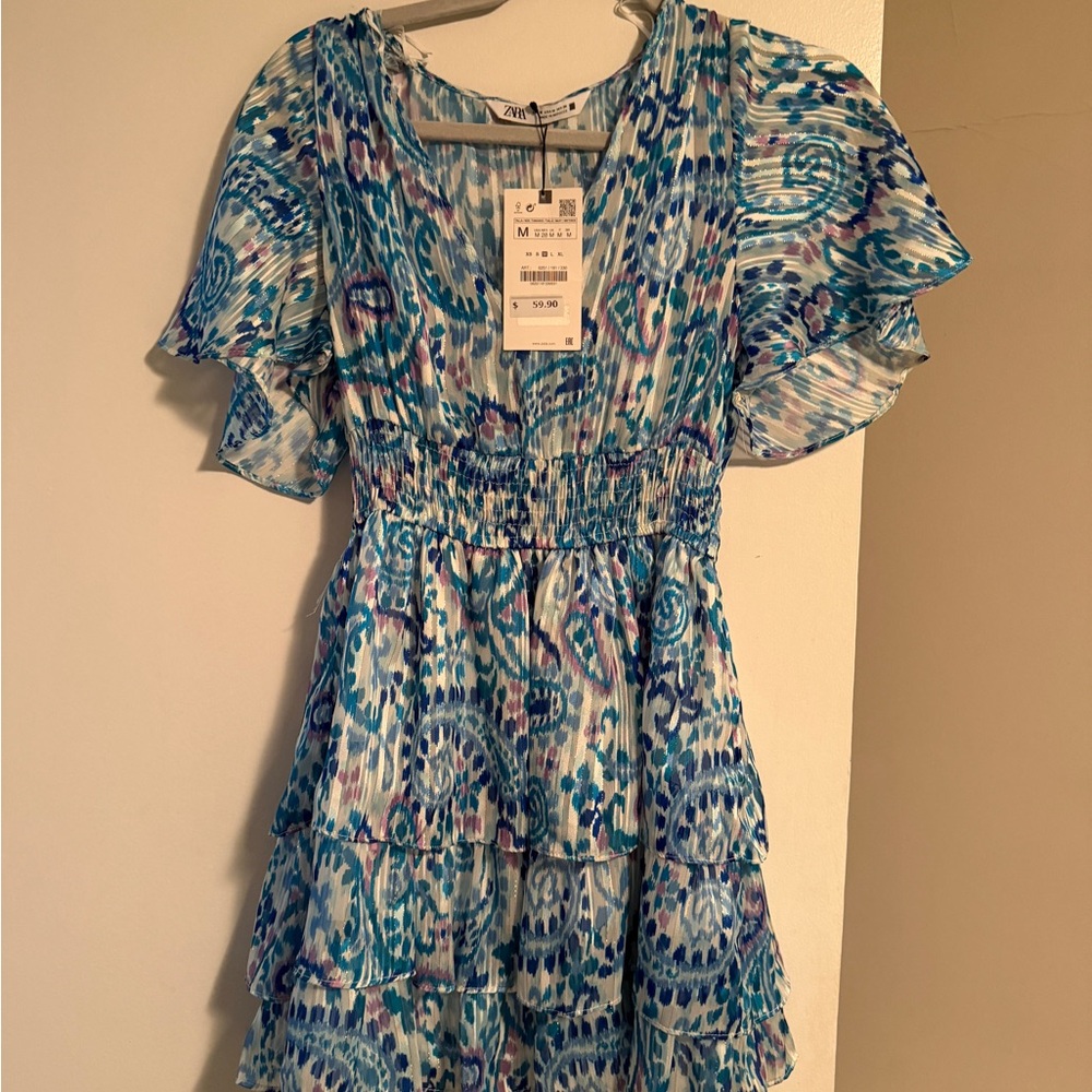 Zara Teal and White Swirl Mini Dress